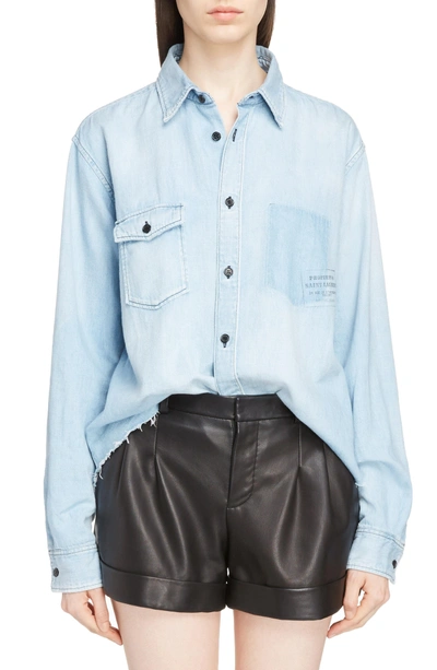 Shop Saint Laurent Logo Stamp Denim Shirt In Super Light Blue