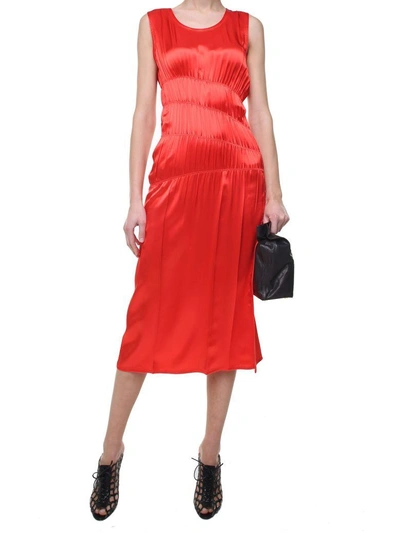 Shop Helmut Lang Gathered Satin Midi Dress In Rosso