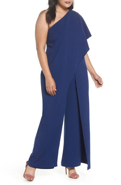 Shop Adrianna Papell One-shoulder Jumpsuit In Navy