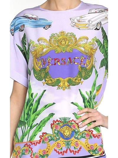 Shop Versace Miami Baroque-print Silk-twill Top In Lilla