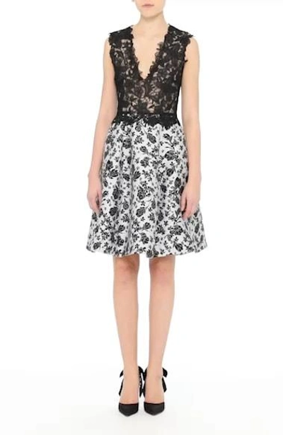 Shop Monique Lhuillier Mixed Media V-neck Dress In Noir Multi