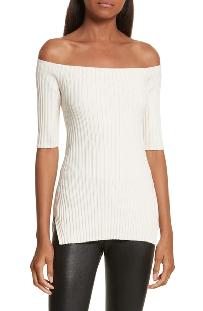 Shop Helmut Lang Rib Knit Stretch Silk Off The Shoulder Top In Angora