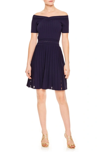 Shop Sandro Off The Shoulder Textured Fit & Flare Dress In Navy Blue