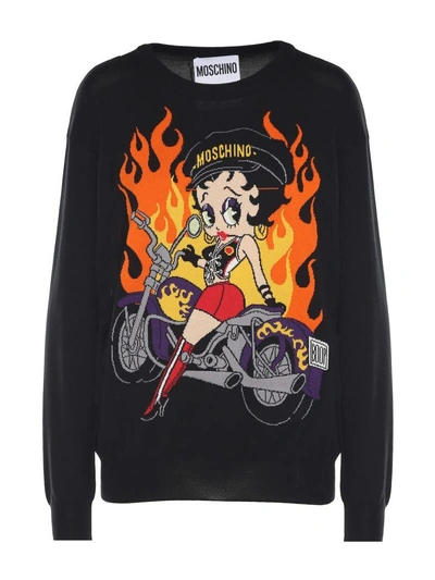 Shop Moschino Betty Boop Cotton Intarsia Sweater In Nero