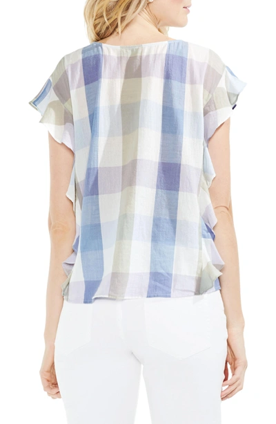 Shop Vince Camuto Pastel Haze Plaid Ruffle Sleeve Top In Oxford Blue