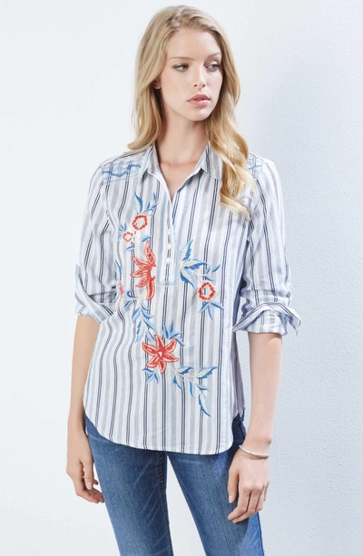 Shop Karen Kane Embroidered Roll Sleeve Shirt In Striped