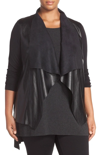 Shop Michael Michael Kors Faux Leather & Knit Drape Front Sweater In Black