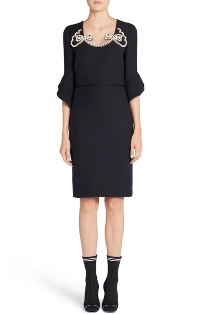 Shop Fendi Embellished Wool & Silk Gazar Dress In Black