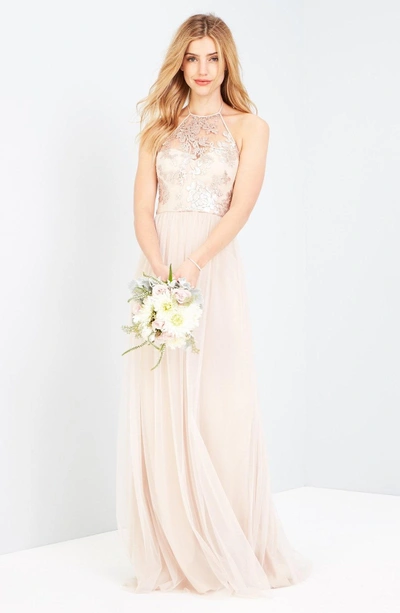 Shop Amsale Sheridan Sequin Halter Dress In Fawn