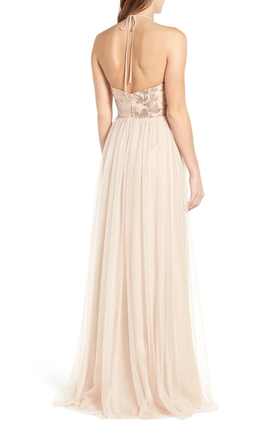 Shop Amsale Sheridan Sequin Halter Dress In Fawn