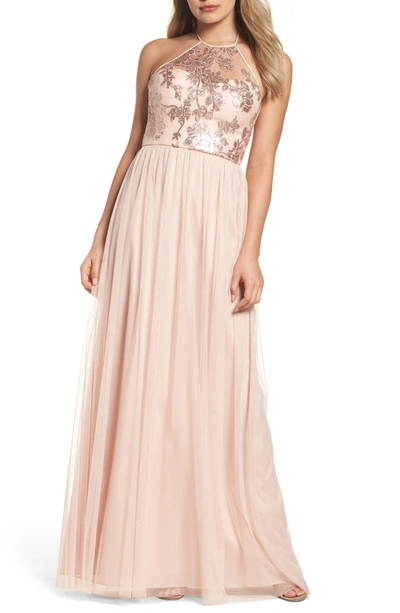 Shop Amsale Sheridan Sequin Halter Dress In Blush