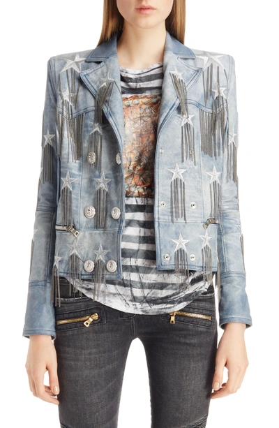 Balmain Star & Chain Embellished Leather Jacket In Blue And Silver