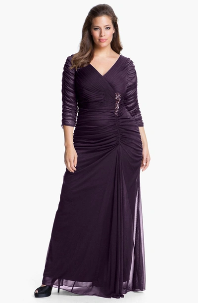 Shop Adrianna Papell Beaded Mesh Gown In Aubergine