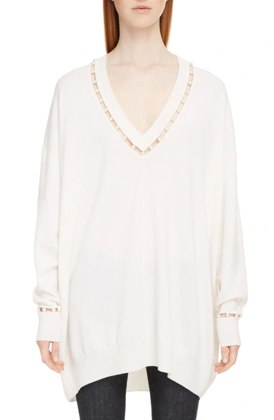 Givenchy Oversized V-neck Wool-cashmere Sweater W/ Pearlescent Trim In Off White