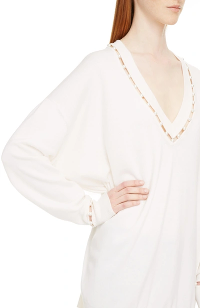 Givenchy Oversized V-neck Wool-cashmere Sweater W/ Pearlescent Trim In Off White