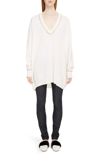 Givenchy Oversized V-neck Wool-cashmere Sweater W/ Pearlescent Trim In Off White