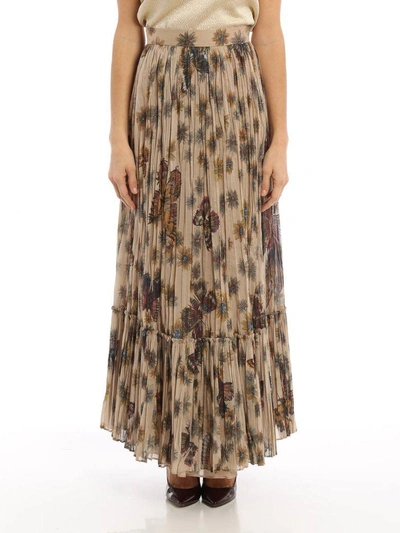 Shop Valentino Butterfly Print Pleated Skirt In Brown