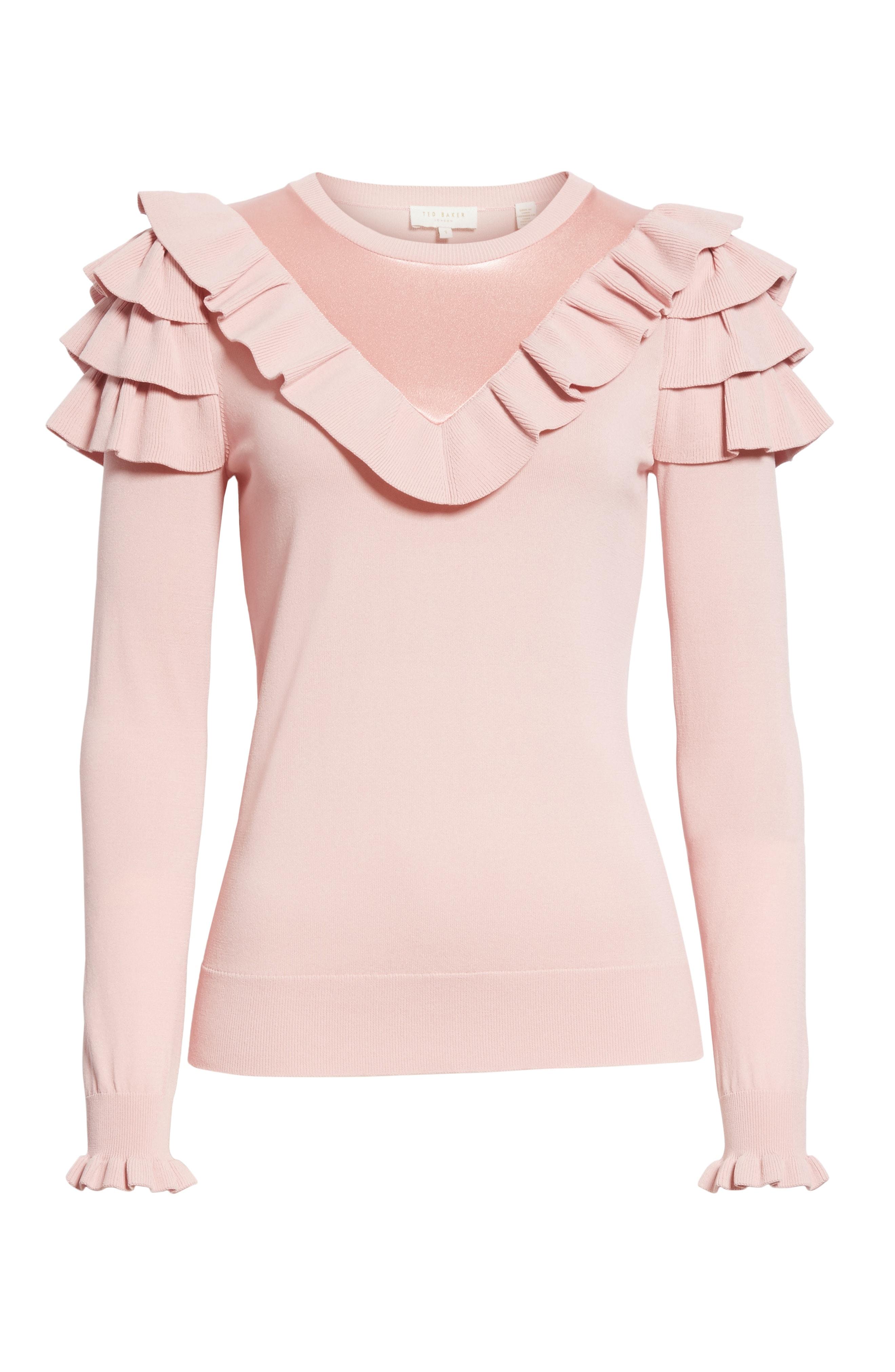 Ted Baker Satin Contrast Ruffle Sweater In Dusky Pink | ModeSens