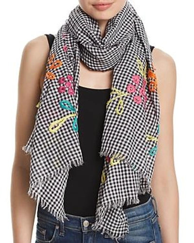 Shop Fraas Embroidered Gingham Oblong Scarf In Black/multi