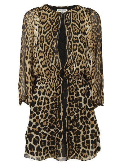 Shop Saint Laurent Leopard Print Short Dress In Naturel