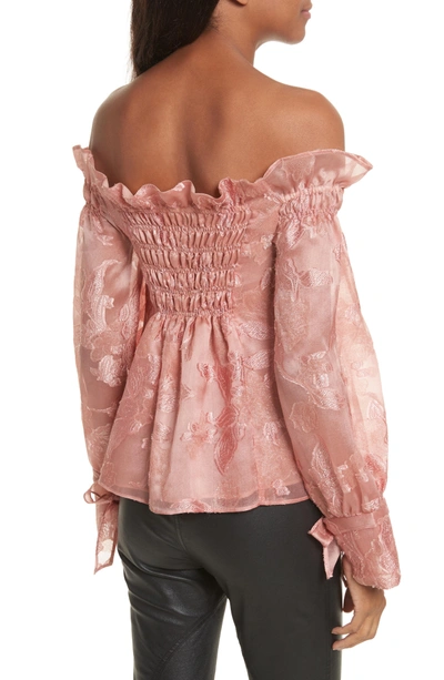 Shop Rebecca Taylor Off The Shouler Metallic Floral Organza Blouse In Rosey Nude