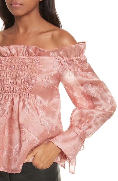 Shop Rebecca Taylor Off The Shouler Metallic Floral Organza Blouse In Rosey Nude