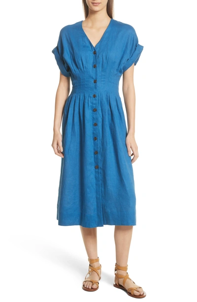 Shop Sea Coraline Pleated Button Front Linen Dress In Blue