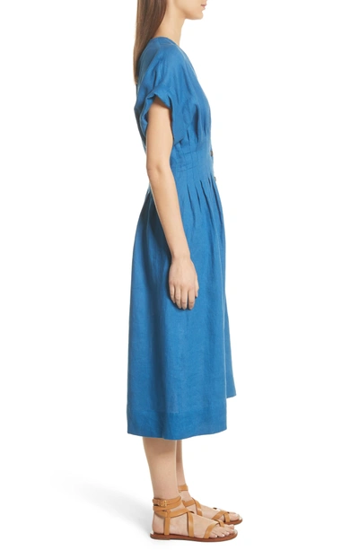 Shop Sea Coraline Pleated Button Front Linen Dress In Blue