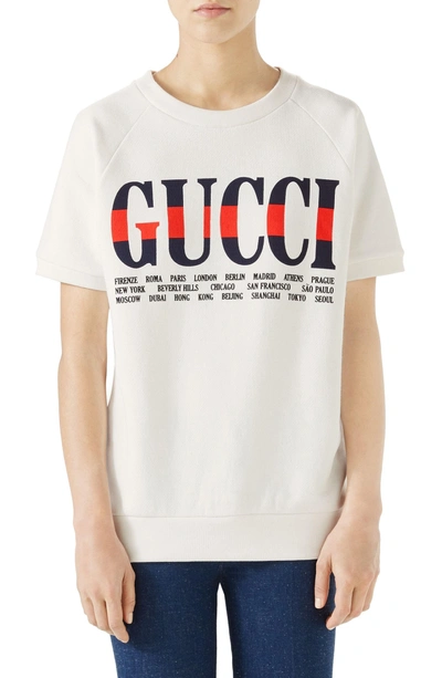Shop Gucci Logo Short Sleeve Cotton Sweatshirt In Ivory/ Multicolor
