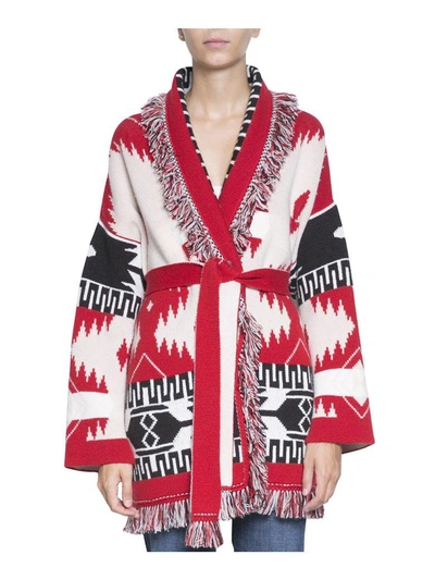 Shop Alanui Icon Fringed Jacquard-knit Cashmere Cardigan In Rosso