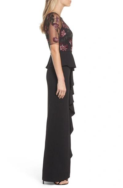 Shop Adrianna Papell Embroidered Ruffle Gown In Cabernet Multi