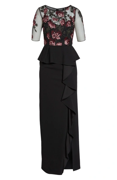 Shop Adrianna Papell Embroidered Ruffle Gown In Cabernet Multi