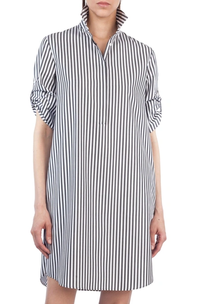 Shop Akris Punto Stripe Cotton Shirtdress In Black/ Cream