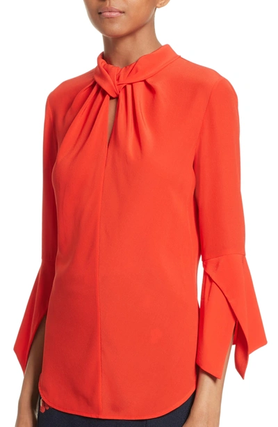 Shop Victoria Beckham Twisted Silk Bell Sleeve Blouse In Red Candy
