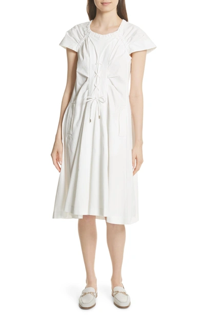 Shop Carven Lace Up Front Poplin Dress In Blanc Antique