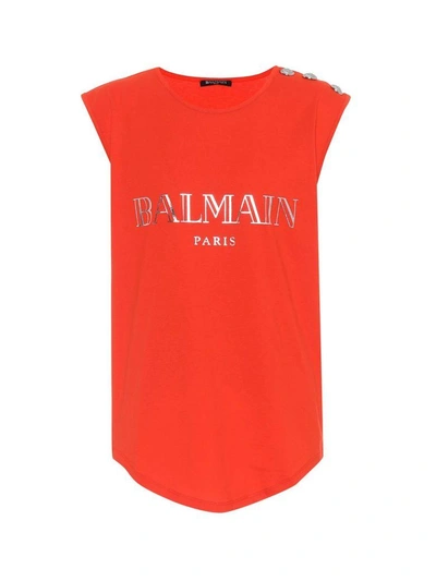 Shop Balmain Logo-print Cotton-jersey Tank Top In Rosso