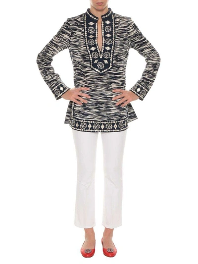 Shop Tory Burch Embroidered Top In Bianco/blu