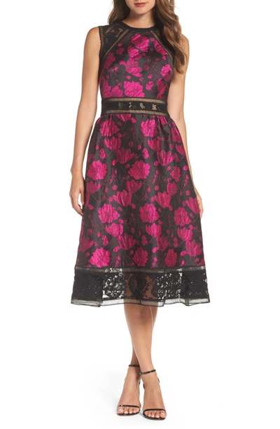Shop Tadashi Shoji Lace Trim Rose Jacquard Midi Dress In Fuchsia/ Black