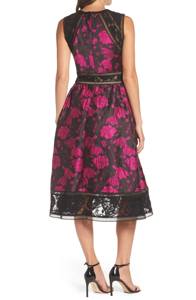 Shop Tadashi Shoji Lace Trim Rose Jacquard Midi Dress In Fuchsia/ Black