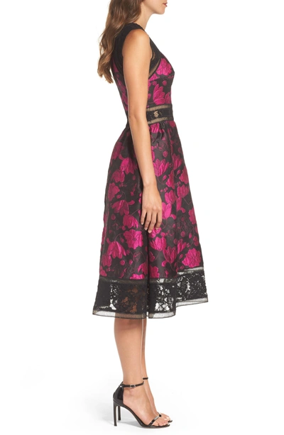 Shop Tadashi Shoji Lace Trim Rose Jacquard Midi Dress In Fuchsia/ Black