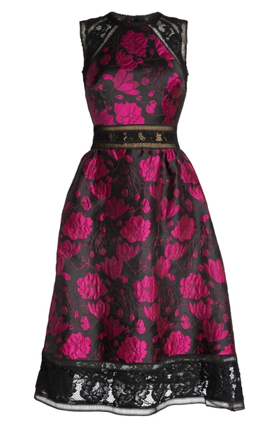 Shop Tadashi Shoji Lace Trim Rose Jacquard Midi Dress In Fuchsia/ Black