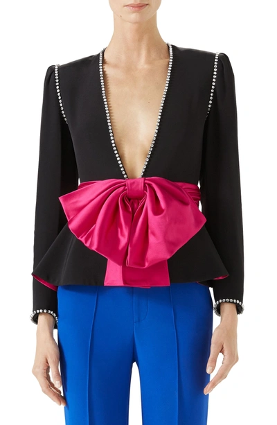 Shop Gucci Bow Detail Marocain Jacket In Black/ Raspberry Juice