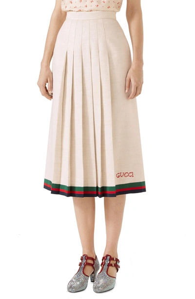 Shop Gucci Pleated Linen & Silk Skirt In Gardenia/ B/ R/ V