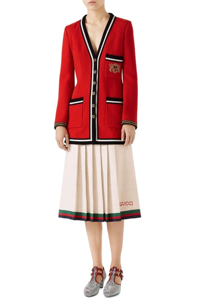 Shop Gucci Pleated Linen & Silk Skirt In Gardenia/ B/ R/ V