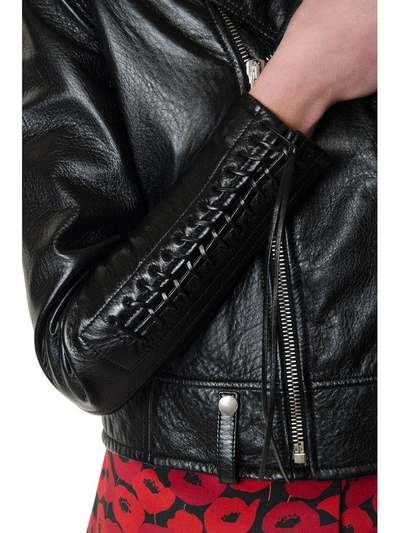 Shop Saint Laurent Black Leather Moto Jacket With Zip