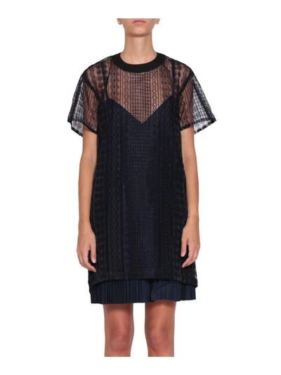 Shop Sacai Lace Trimmed Pleated Cotton Dress In Blu