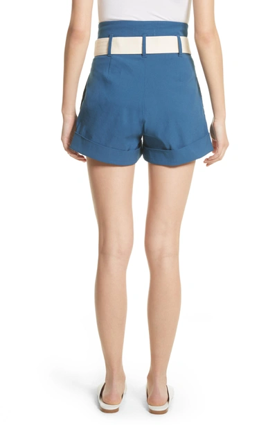 Shop Sea Poppy Belted Cotton & Linen Blend Shorts In Blue