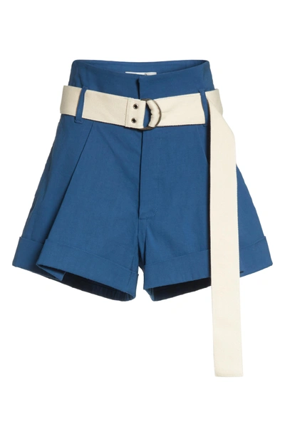 Shop Sea Poppy Belted Cotton & Linen Blend Shorts In Blue