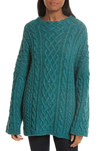 Shop Milly Oversize Fisherman Cable-knit Sweater In Lagoon