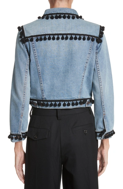 Shop Marc Jacobs Pompom Trim Shrunken Denim Jacket In Vintage Indigo